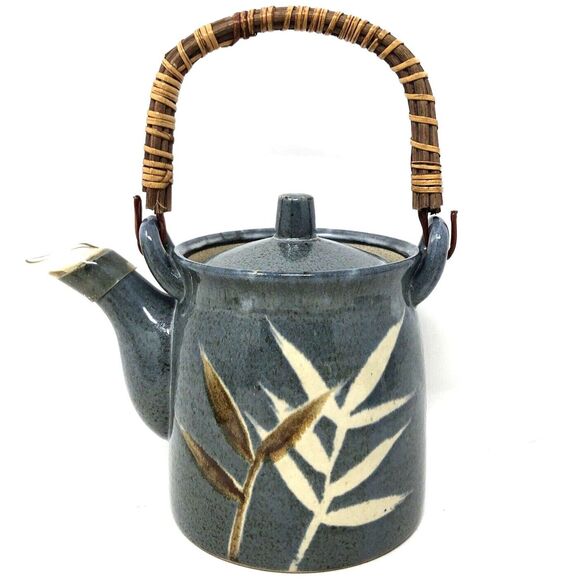 Vintage Studio Art Pottery Tea Set Bamboo Design Stoneware Teapot & 4 Cups Mugs - Picture 2 of 16